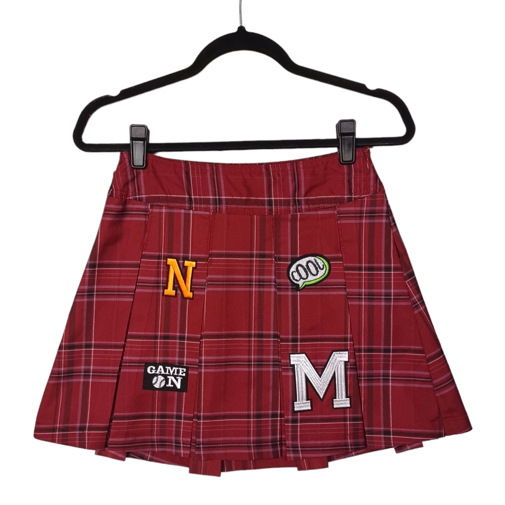 NO BOUNDARIES Burgundy Purple Plaid Print Pleated Mini Patch Skirt X-Small
